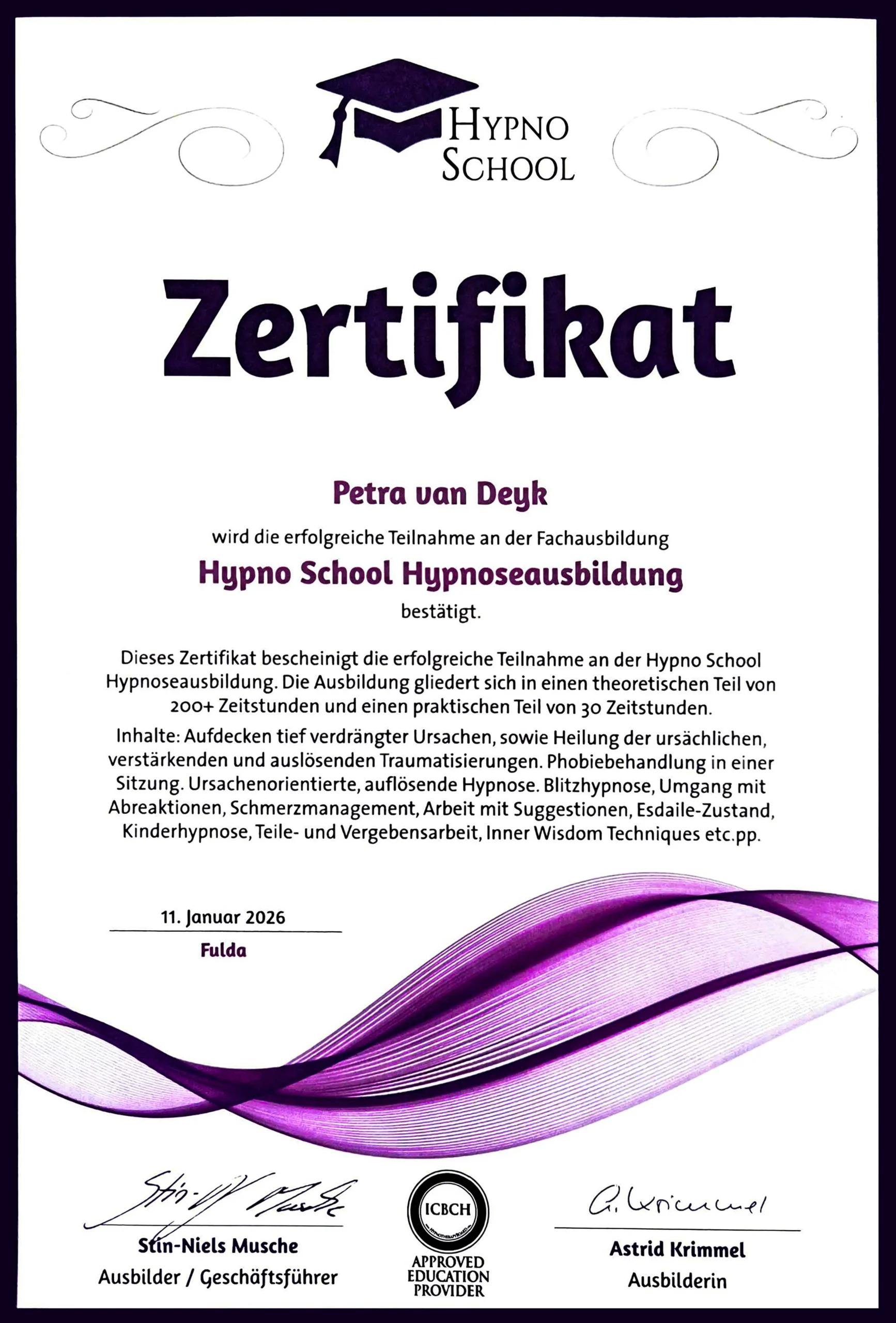 petra-van-deyk-hypnose-zertifikat-hypno-school Zertifikat der Hypnoseausbildung