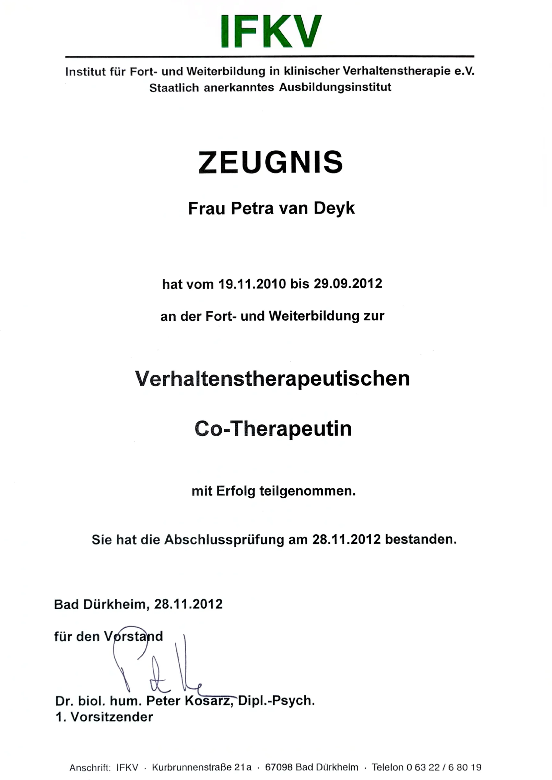 petra-van-deyk-hypnose-zertifikat-ifkv Zeugnis zur Verhaltenstherapeutischen Co-Therapeutin
